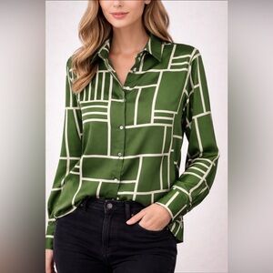 HAVER London Green Geometric Button-Up Blouse women Size M(A205)”✨